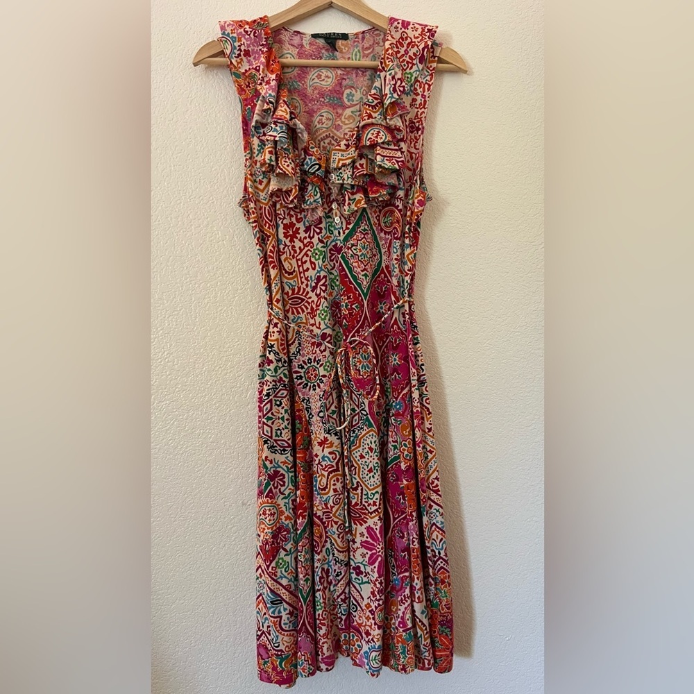 Ralph Lauren XL Red and Pink Fit and Flare Midi Dress Sunset Warm Summer Palette